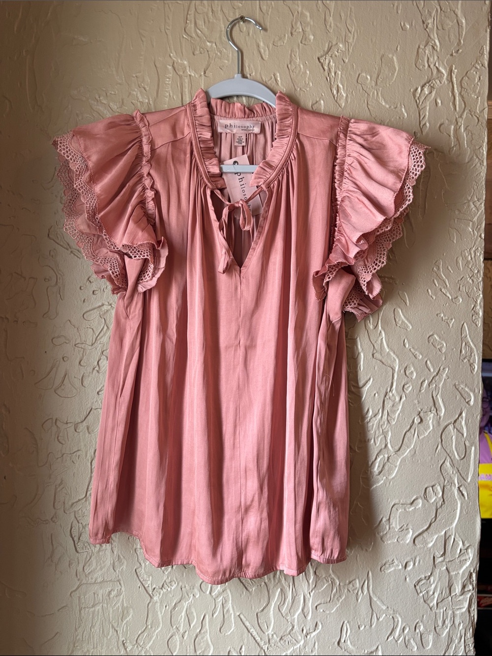 Philosophy Dusty Pink Ruffle Sleeve Tie-Neck Blouse
